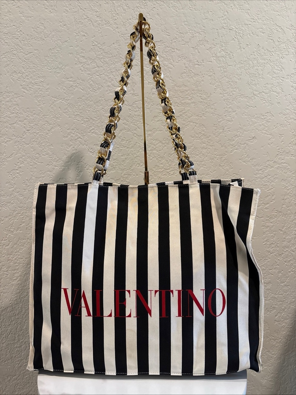 Valentino Garavani Black & White Striped Tote Canvas, Gold Chain Straps